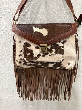 Fringe Cowhide Crossbody Bag - Brown/White